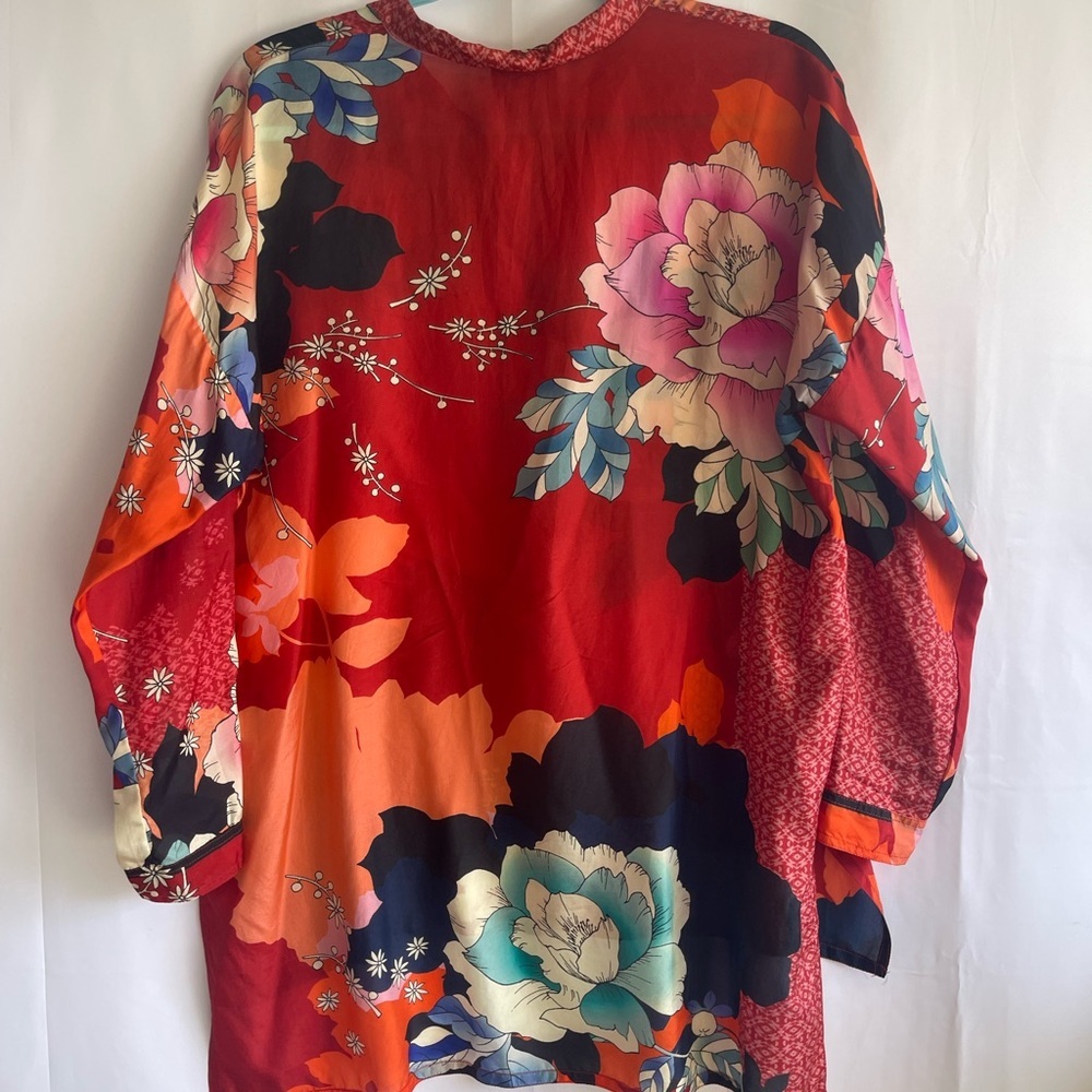 Johnny Was Floral Silk Button-Up Blouse in Red, Orange, Green, Pink - Picture 5 of 10